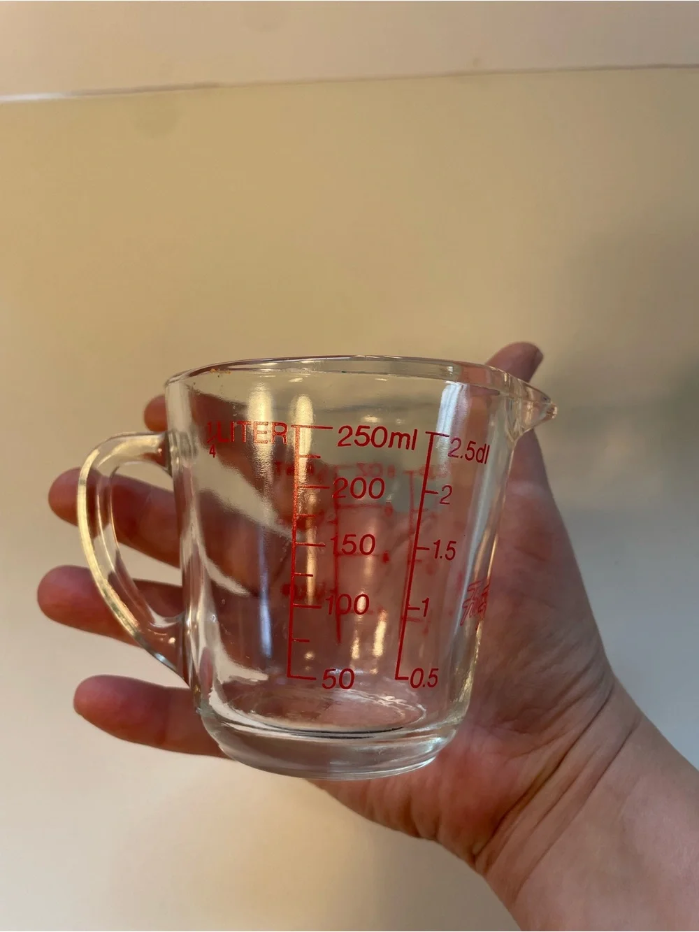 Vintage Fire-King 1 Cup Glass Measuring Cup Anchor Hocking Red Graphics USA